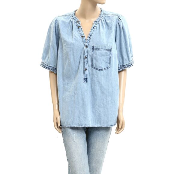 Anthropologie Pilcro The Aly Denim Puff-Sleeve Blouse Top Cotton 1X New 282557 - Picture 5 of 10